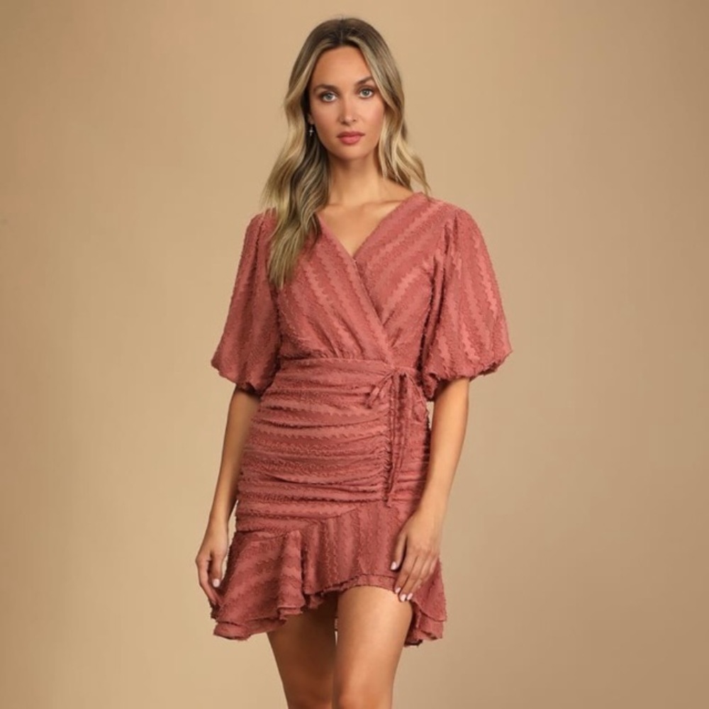 Lulus Rusty Rose Ruched Asymmetrical Mini Dress NWT